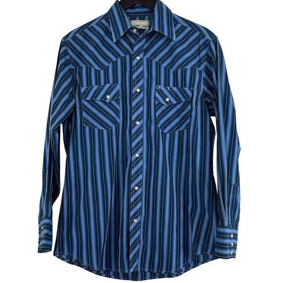Wrangler Wrancher Shirt Mens L Blue Stripes Pearl Snaps Coastal Western Cowboy - Picture 1 of 5